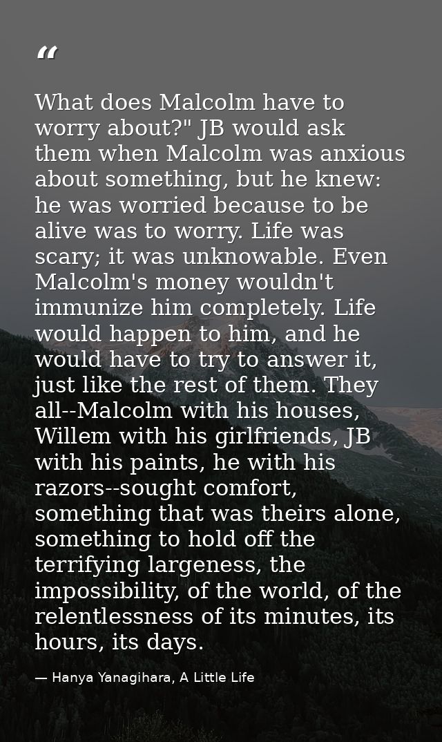 What does Malcolm have to worry about?" JB would ask them when Malcolm was anxious about something, but he knew: he was  — Hanya Yanagihara, A Little Life