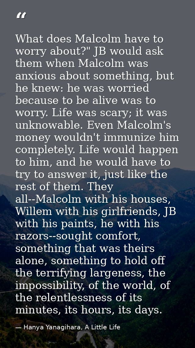 What does Malcolm have to worry about?" JB would ask them when Malcolm was anxious about something, but he knew: he was  — Hanya Yanagihara, A Little Life