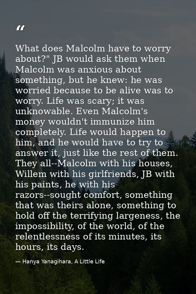 What does Malcolm have to worry about?" JB would ask them when Malcolm was anxious about something, but he knew: he was  — Hanya Yanagihara, A Little Life