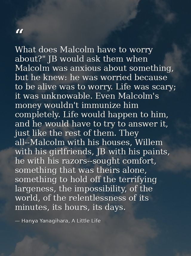 What does Malcolm have to worry about?" JB would ask them when Malcolm was anxious about something, but he knew: he was  — Hanya Yanagihara, A Little Life