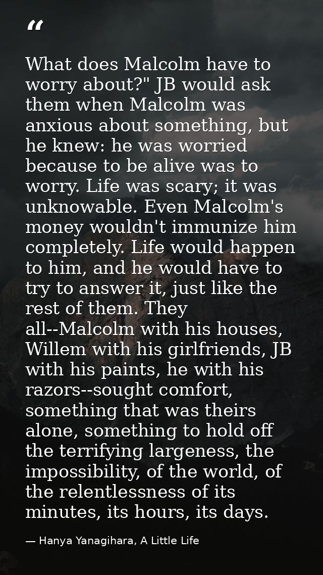 What does Malcolm have to worry about?" JB would ask them when Malcolm was anxious about something, but he knew: he was  — Hanya Yanagihara, A Little Life