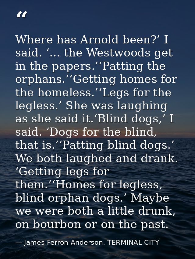 Where has Arnold been?’ I said. ‘... the Westwoods get in the papers.’‘Patting the orphans.’‘Getting homes for the homel — James Ferron Anderson, TERMINAL CITY