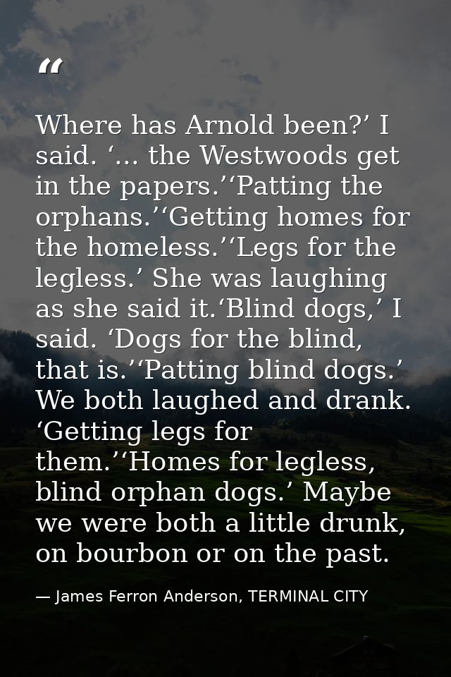 Where has Arnold been?’ I said. ‘... the Westwoods get in the papers.’‘Patting the orphans.’‘Getting homes for the homel — James Ferron Anderson, TERMINAL CITY