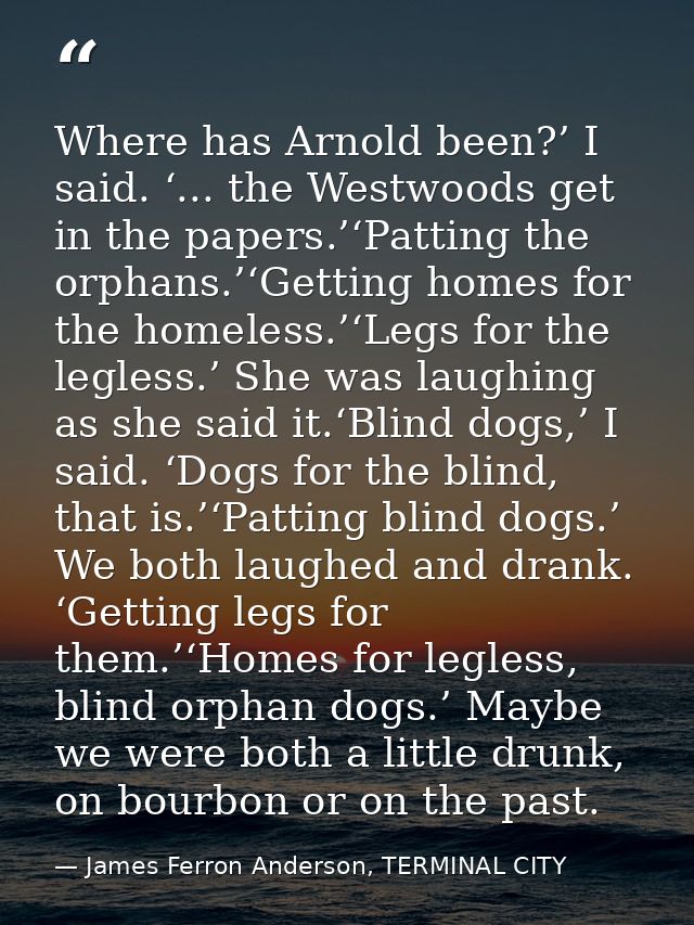 Where has Arnold been?’ I said. ‘... the Westwoods get in the papers.’‘Patting the orphans.’‘Getting homes for the homel — James Ferron Anderson, TERMINAL CITY