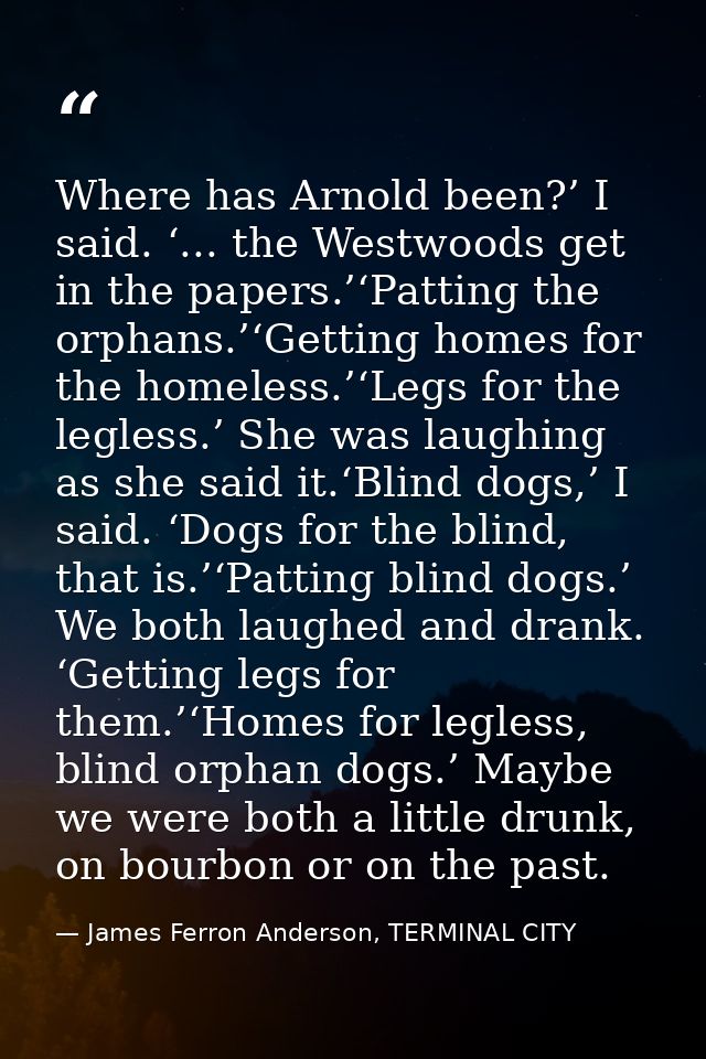 Where has Arnold been?’ I said. ‘... the Westwoods get in the papers.’‘Patting the orphans.’‘Getting homes for the homel — James Ferron Anderson, TERMINAL CITY