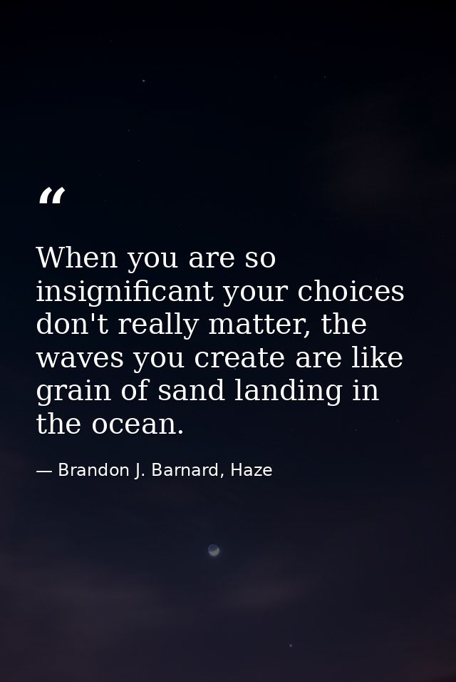 When you are so insignificant your choices don't really matter, the waves you create are like grain of sand landing in t — Brandon J. Barnard, Haze