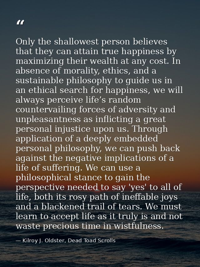 Only the shallowest person believes that they can attain true happiness by maximizing their wealth at any cost. In absen — Kilroy J. Oldster, Dead Toad Scrolls