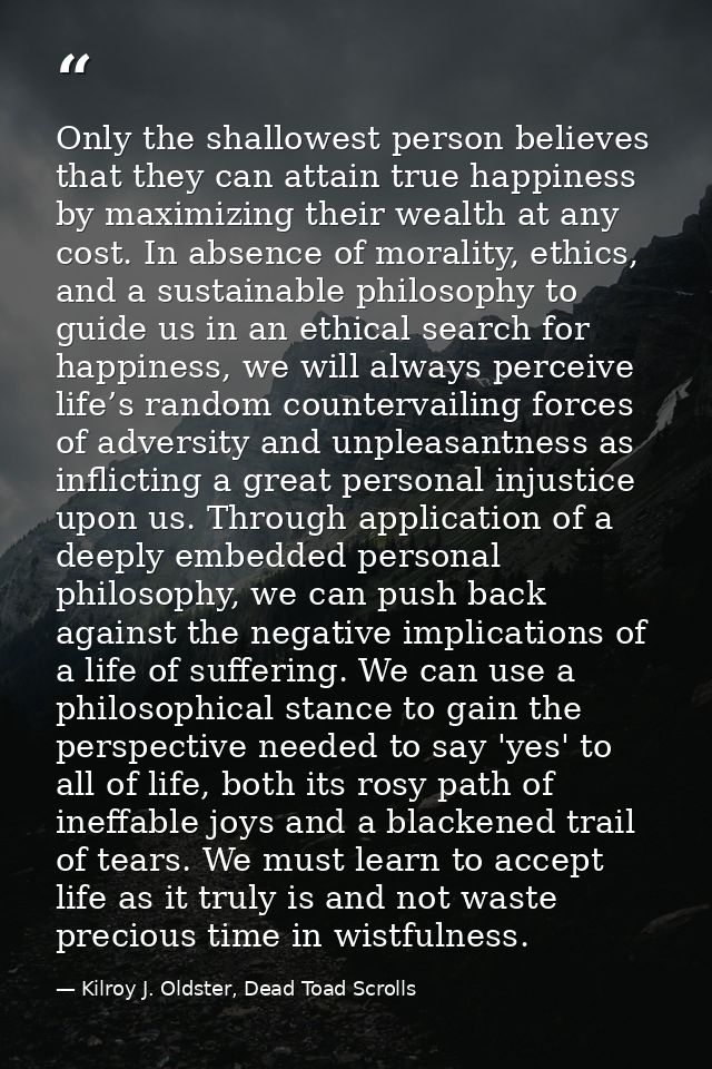 Only the shallowest person believes that they can attain true happiness by maximizing their wealth at any cost. In absen — Kilroy J. Oldster, Dead Toad Scrolls