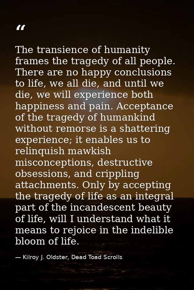 The transience of humanity frames the tragedy of all people. There are no happy conclusions to life, we all die, and unt — Kilroy J. Oldster, Dead Toad Scrolls