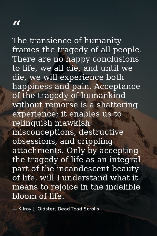 The transience of humanity frames the tragedy of all people. There are no happy conclusions to life, we all die, and unt — Kilroy J. Oldster, Dead Toad Scrolls