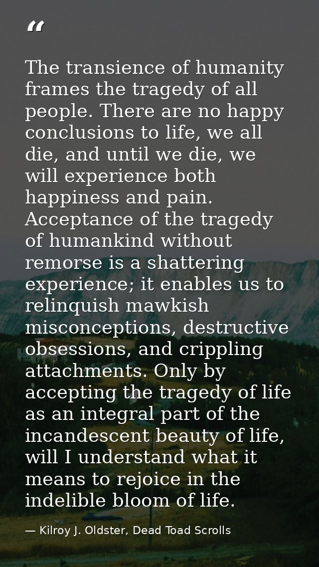 The transience of humanity frames the tragedy of all people. There are no happy conclusions to life, we all die, and unt — Kilroy J. Oldster, Dead Toad Scrolls