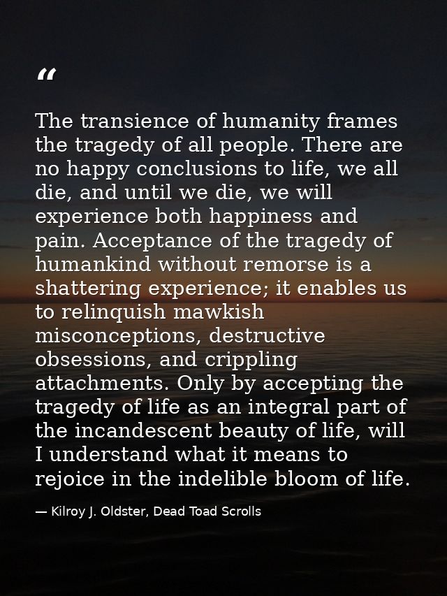 The transience of humanity frames the tragedy of all people. There are no happy conclusions to life, we all die, and unt — Kilroy J. Oldster, Dead Toad Scrolls