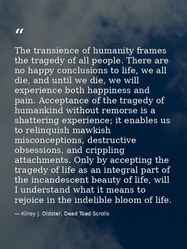 The transience of humanity frames the tragedy of all people. There are no happy conclusions to life, we all die, and unt — Kilroy J. Oldster, Dead Toad Scrolls