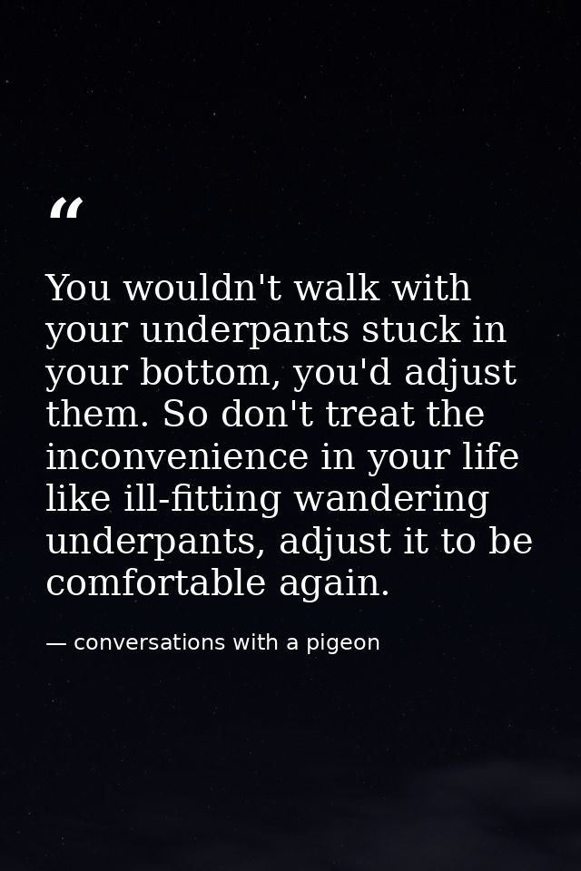 You wouldn't walk with your underpants stuck in your bottom, you'd adjust them. So don't treat the inconvenience in your — conversations with a pigeon