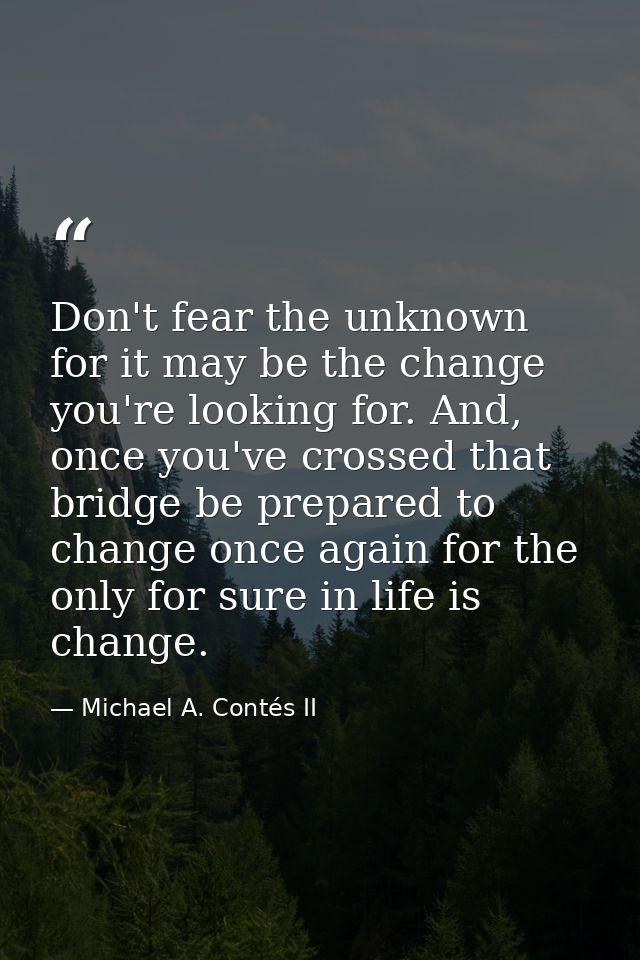Don't fear the unknown for it may be the change you're looking for. And, once you've crossed that bridge be prepared to  — Michael A. Contés II