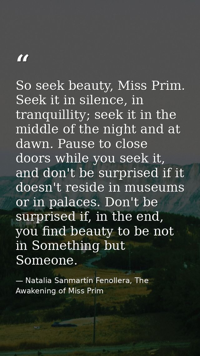 So seek beauty, Miss Prim. Seek it in silence, in tranquillity; seek it in the middle of the night and at dawn. Pause to — Natalia Sanmartín Fenollera, The Awakening of Miss Prim