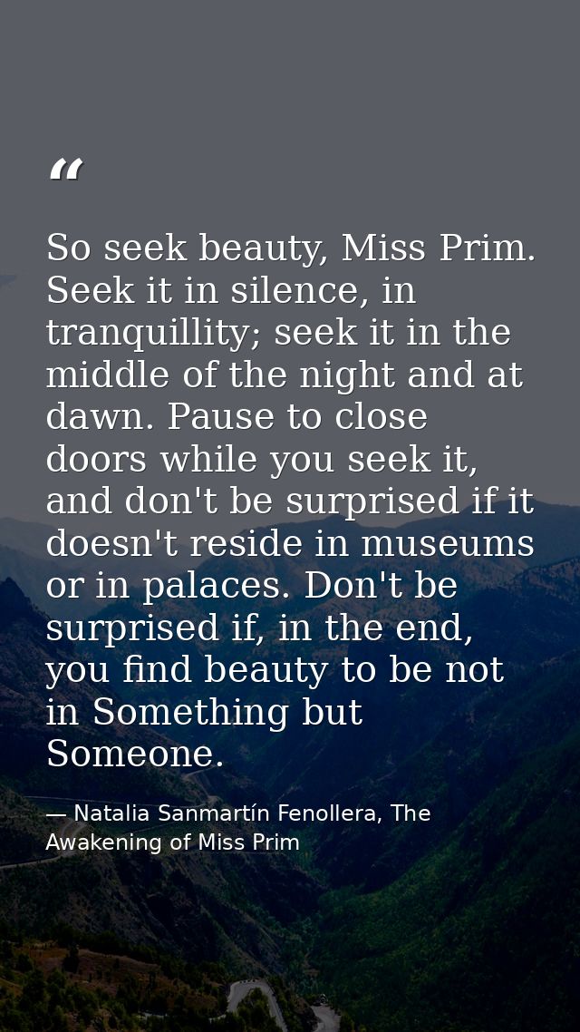 So seek beauty, Miss Prim. Seek it in silence, in tranquillity; seek it in the middle of the night and at dawn. Pause to — Natalia Sanmartín Fenollera, The Awakening of Miss Prim