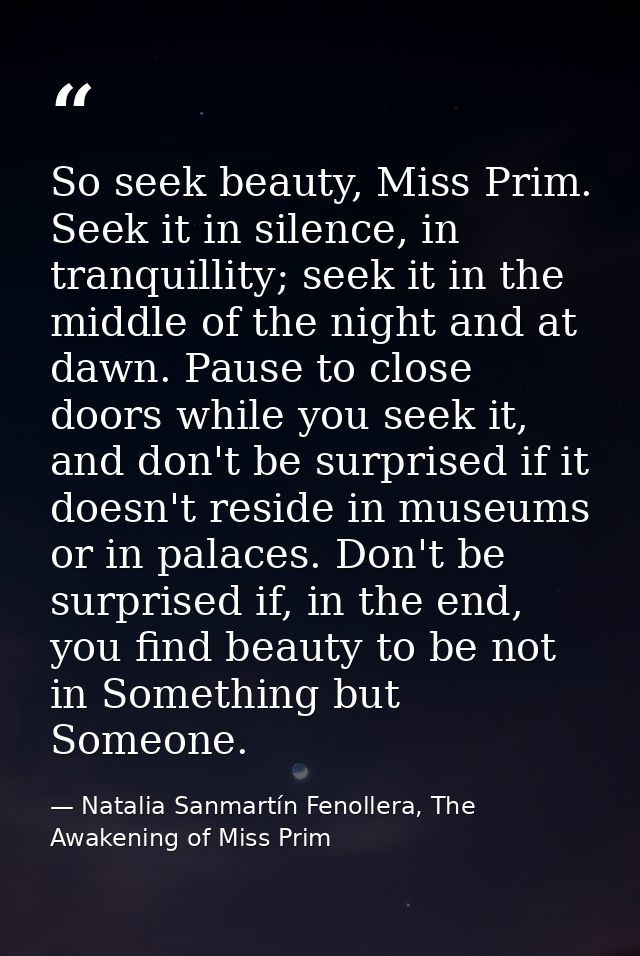 So seek beauty, Miss Prim. Seek it in silence, in tranquillity; seek it in the middle of the night and at dawn. Pause to — Natalia Sanmartín Fenollera, The Awakening of Miss Prim