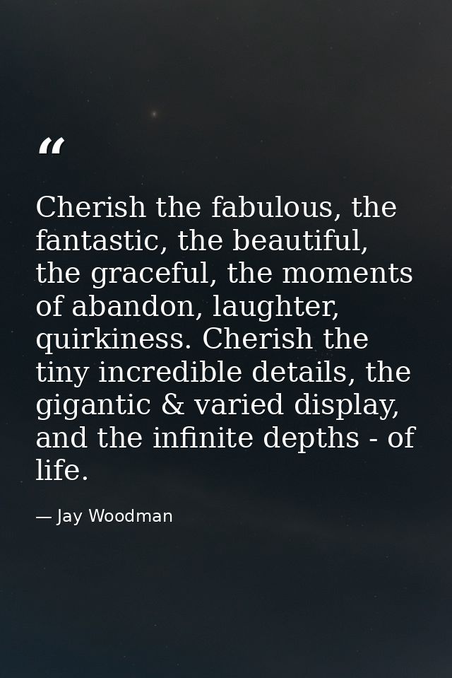Cherish the fabulous, the fantastic, the beautiful, the graceful, the moments of abandon, laughter, quirkiness. Cherish  — Jay Woodman