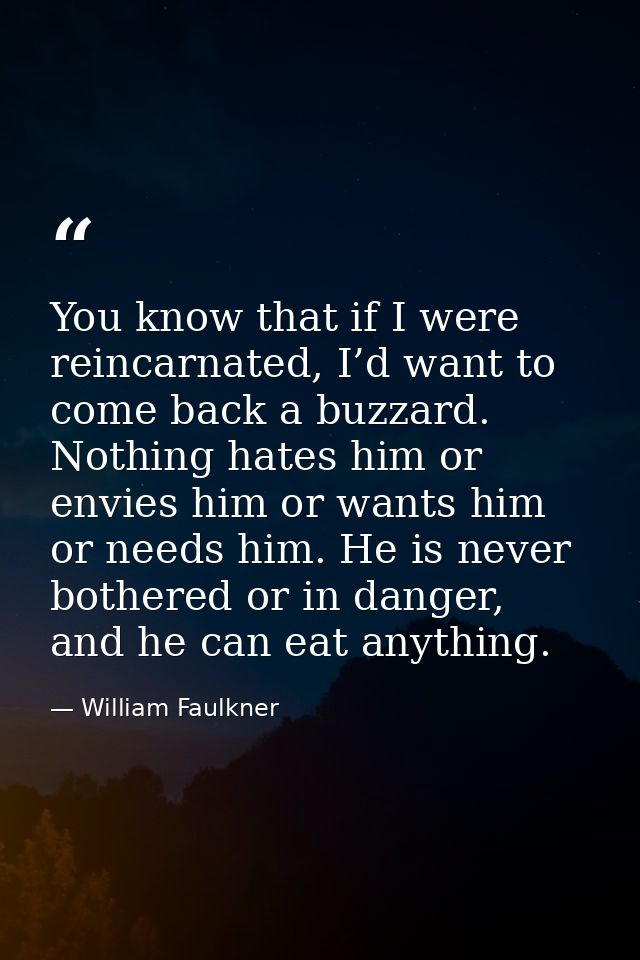 You know that if I were reincarnated, I’d want to come back a buzzard. Nothing hates him or envies him or wants him or n — William Faulkner