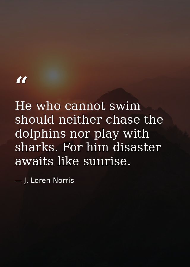 He who cannot swim should neither chase the dolphins nor play with sharks. For him disaster awaits like sunrise. — J. Loren Norris