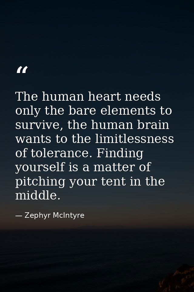 The human heart needs only the bare elements to survive, the human brain wants to the limitlessness of tolerance. Findin — Zephyr McIntyre