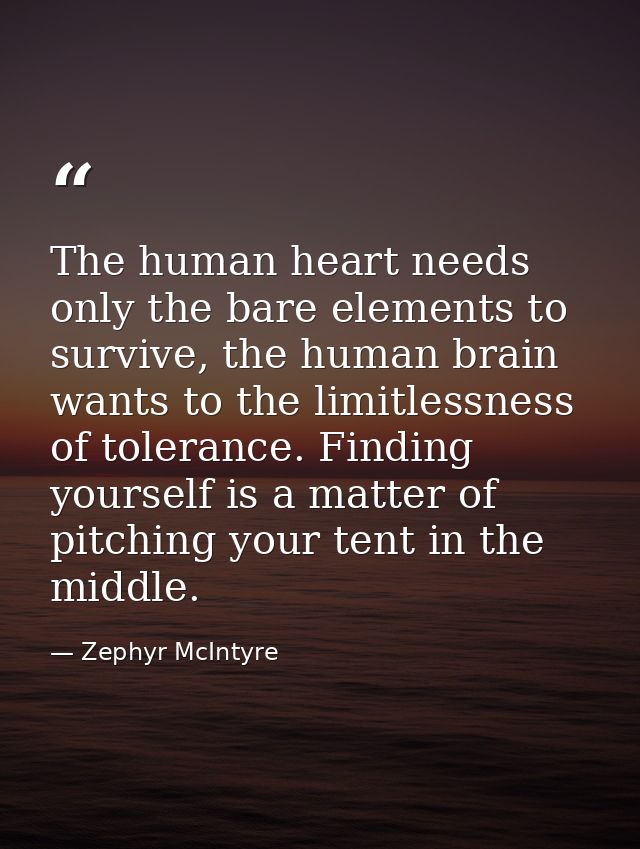 The human heart needs only the bare elements to survive, the human brain wants to the limitlessness of tolerance. Findin — Zephyr McIntyre