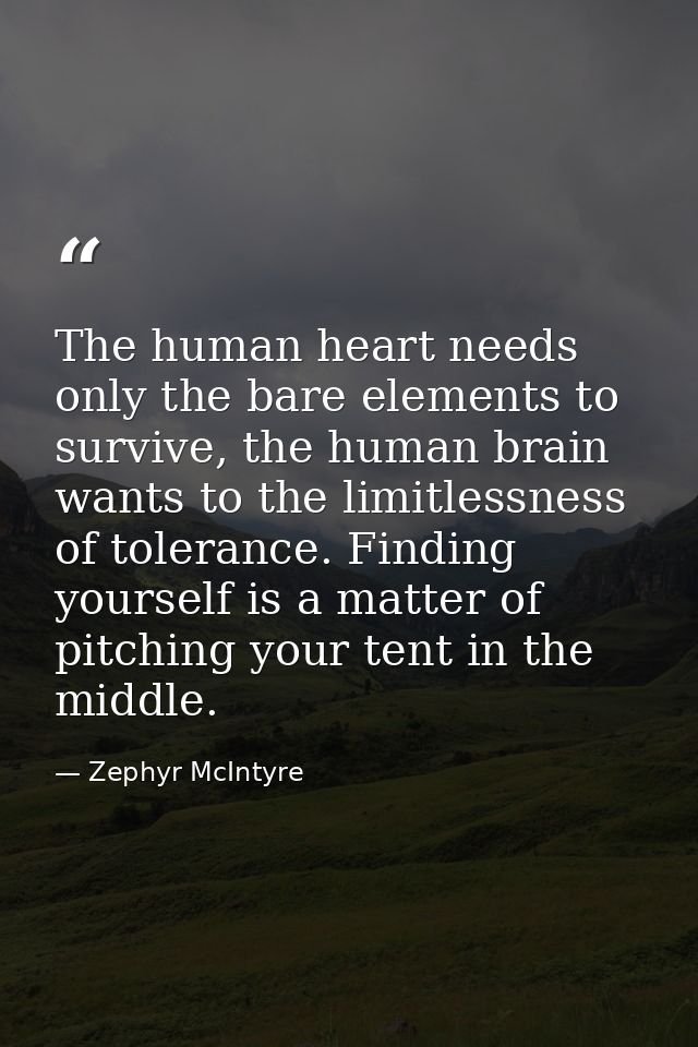 The human heart needs only the bare elements to survive, the human brain wants to the limitlessness of tolerance. Findin — Zephyr McIntyre