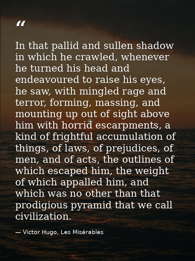 In that pallid and sullen shadow in which he crawled, whenever he turned his head and endeavoured to raise his eyes, he  — Victor Hugo, Les Misérables