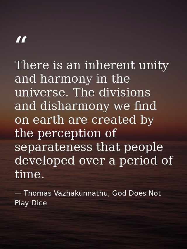There is an inherent unity and harmony in the universe. The divisions and disharmony we find on earth are created by the — Thomas Vazhakunnathu, God Does Not Play Dice
