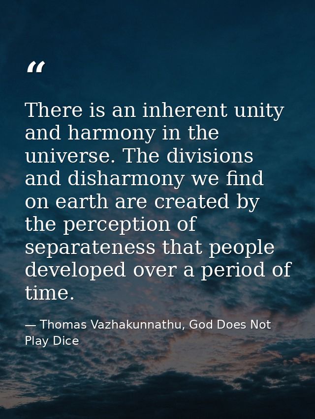 There is an inherent unity and harmony in the universe. The divisions and disharmony we find on earth are created by the — Thomas Vazhakunnathu, God Does Not Play Dice