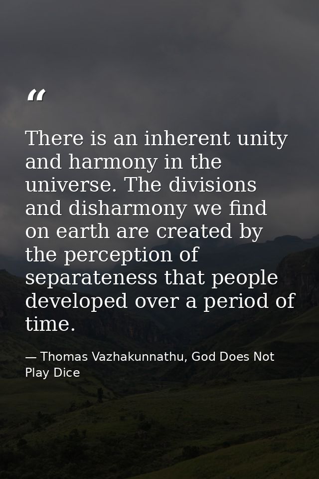 There is an inherent unity and harmony in the universe. The divisions and disharmony we find on earth are created by the — Thomas Vazhakunnathu, God Does Not Play Dice