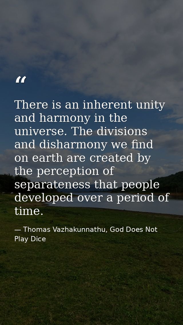 There is an inherent unity and harmony in the universe. The divisions and disharmony we find on earth are created by the — Thomas Vazhakunnathu, God Does Not Play Dice