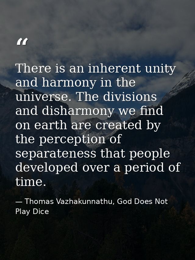 There is an inherent unity and harmony in the universe. The divisions and disharmony we find on earth are created by the — Thomas Vazhakunnathu, God Does Not Play Dice