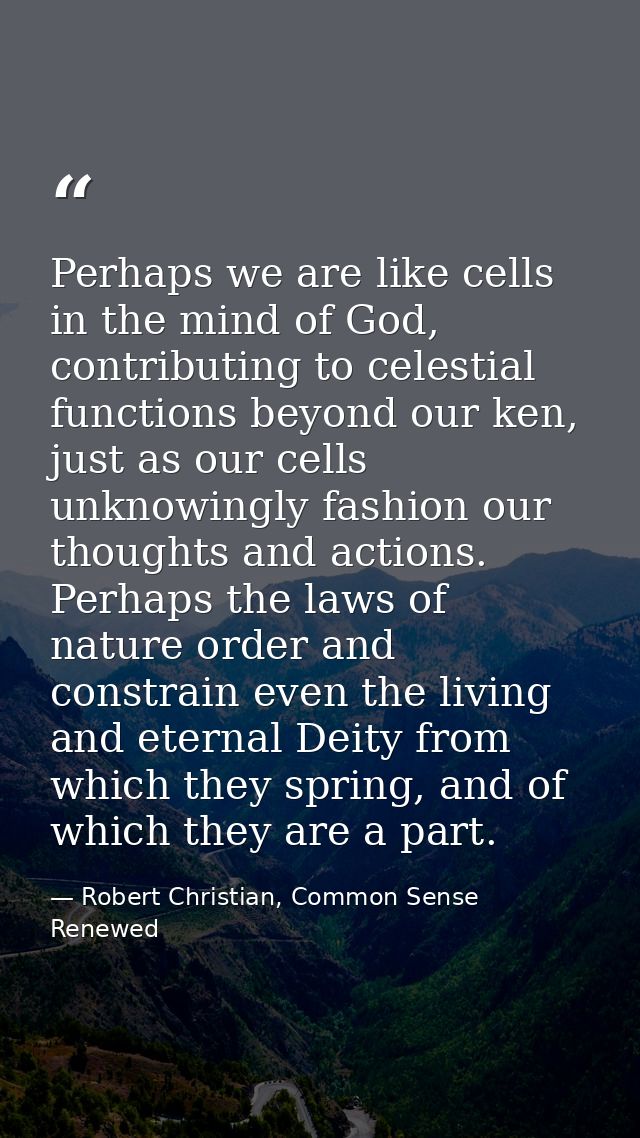 Perhaps we are like cells in the mind of God, contributing to celestial functions beyond our ken, just as our cells unkn — Robert Christian, Common Sense Renewed