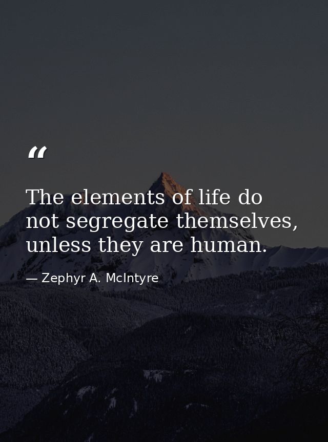 The elements of life do not segregate themselves, unless they are human. — Zephyr A. McIntyre