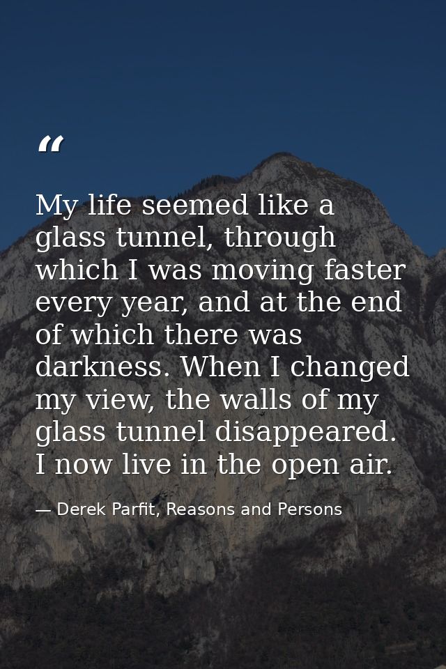 My life seemed like a glass tunnel, through which I was moving faster every year, and at the end of which there was dark — Derek Parfit, Reasons and Persons