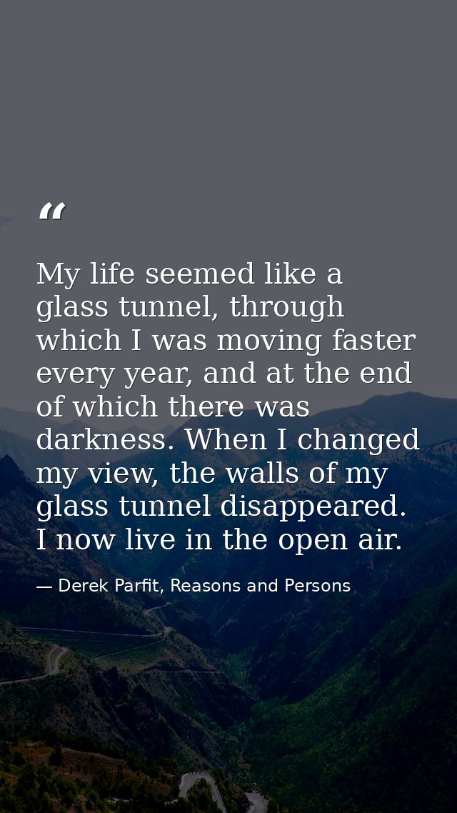My life seemed like a glass tunnel, through which I was moving faster every year, and at the end of which there was dark — Derek Parfit, Reasons and Persons