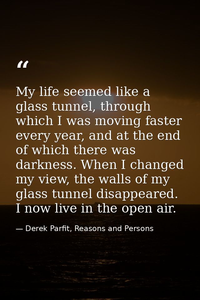 My life seemed like a glass tunnel, through which I was moving faster every year, and at the end of which there was dark — Derek Parfit, Reasons and Persons