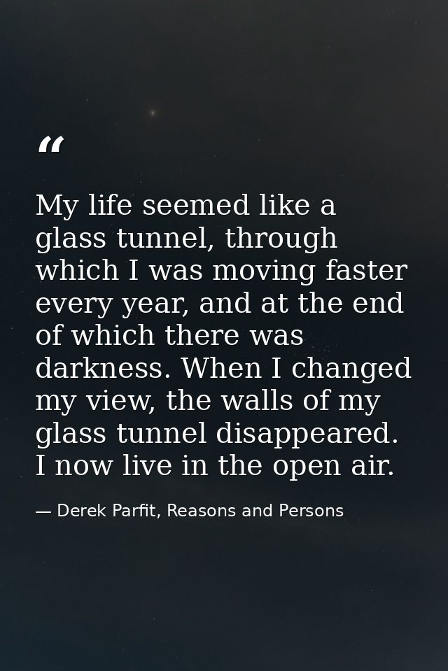 My life seemed like a glass tunnel, through which I was moving faster every year, and at the end of which there was dark — Derek Parfit, Reasons and Persons