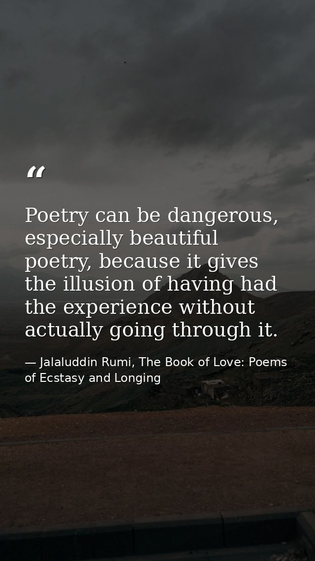 Poetry can be dangerous, especially beautiful poetry, because it gives the illusion of having had the experience without — Jalaluddin Rumi, The Book of Love: Poems of Ecstasy and Longing