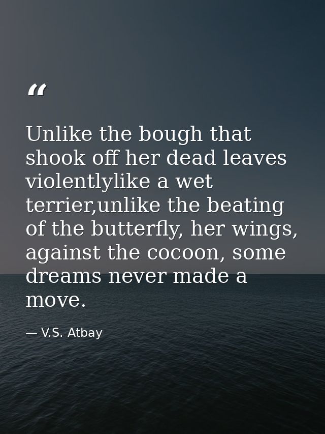 Unlike the bough that shook off her dead leaves violentlylike a wet terrier,unlike the beating of the butterfly, her win — V.S. Atbay