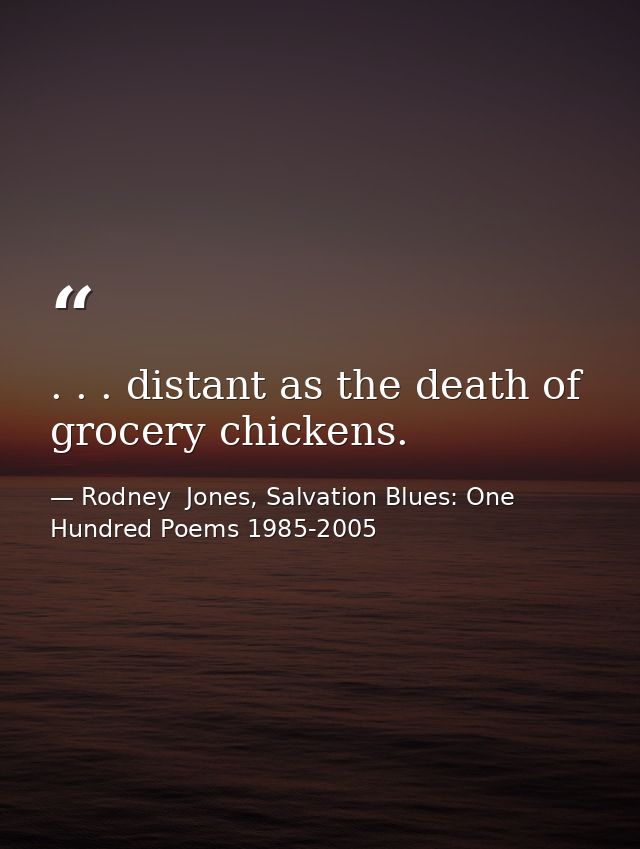 . . . distant as the death of grocery chickens. — Rodney  Jones, Salvation Blues: One Hundred Poems 1985-2005