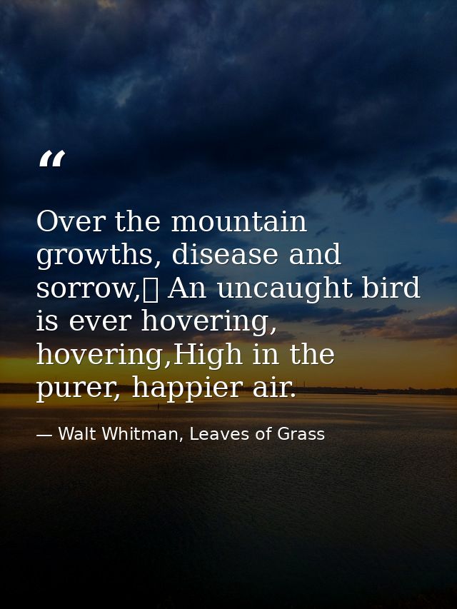 Over the mountain growths, disease and sorrow,	 An uncaught bird is ever hovering, hovering,High in the purer, happier a — Walt Whitman, Leaves of Grass