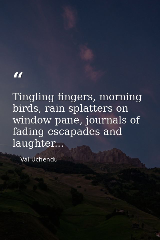 Tingling fingers, morning birds, rain splatters on window pane, journals of fading escapades and laughter... — Val Uchendu