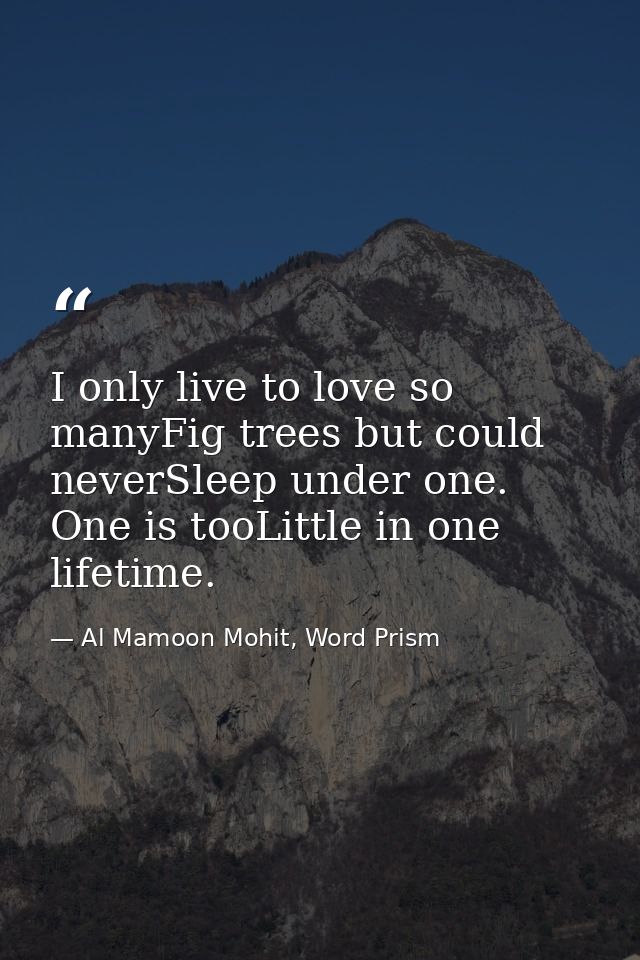 I only live to love so manyFig trees but could neverSleep under one. One is tooLittle in one lifetime. — Al Mamoon Mohit, Word Prism