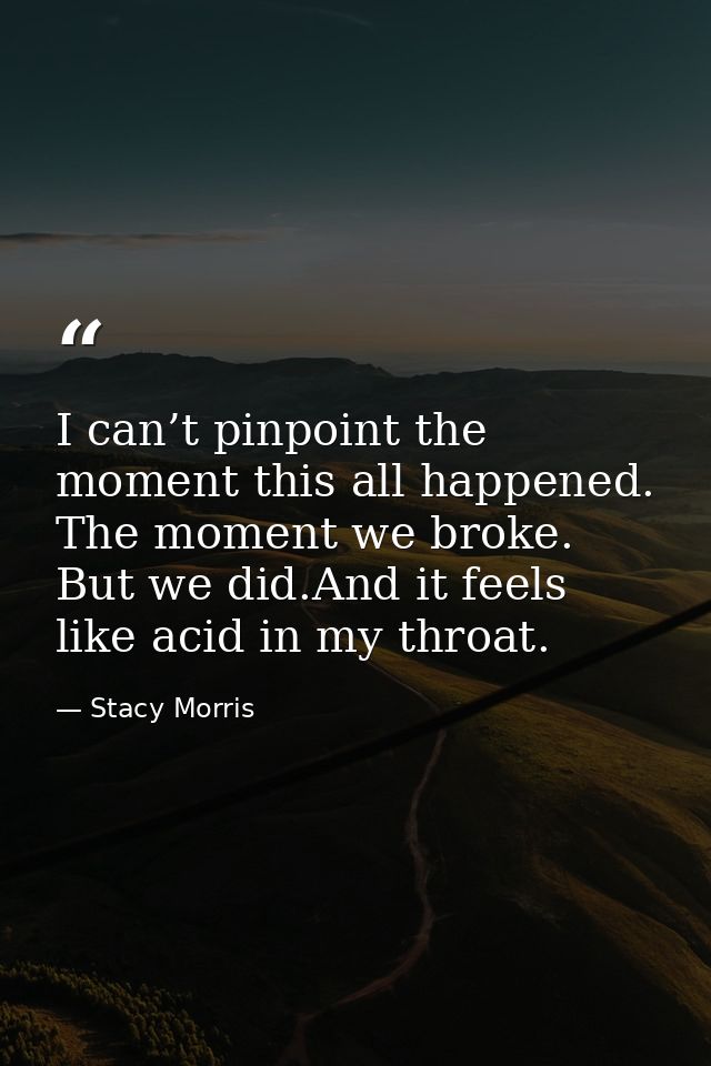 I can’t pinpoint the moment this all happened. The moment we broke. But we did.And it feels like acid in my throat. — Stacy Morris