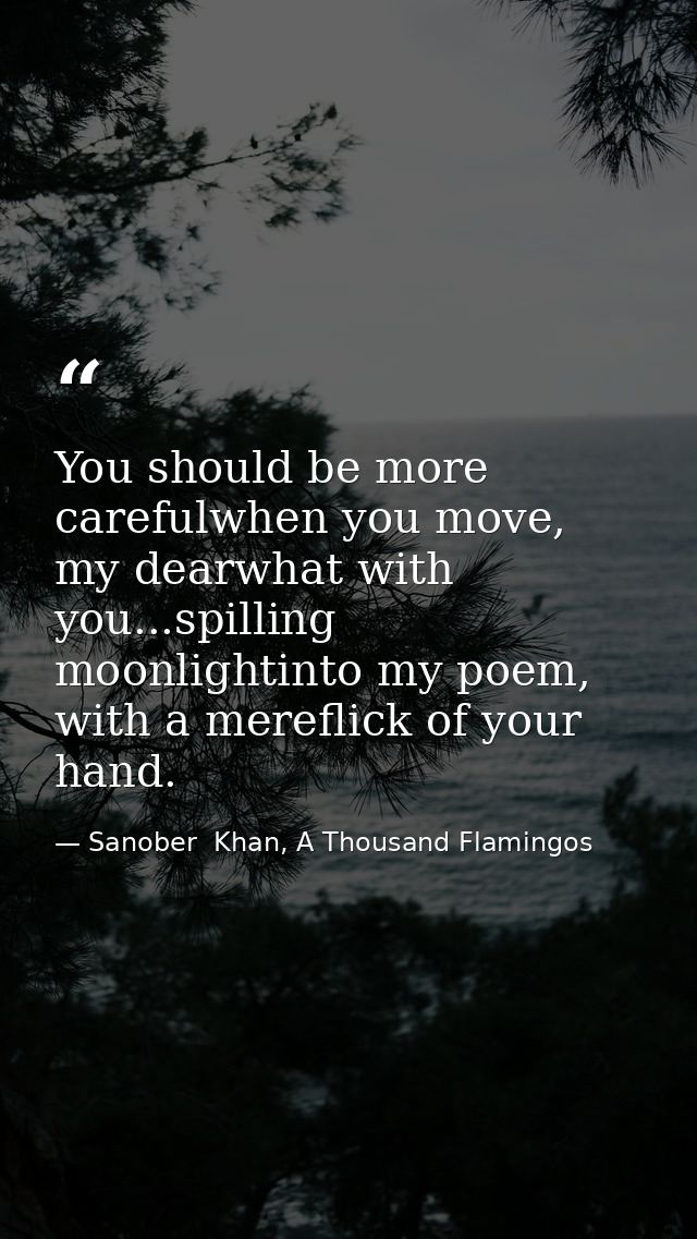 You should be more carefulwhen you move, my dearwhat with you...spilling moonlightinto my poem, with a mereflick of your — Sanober  Khan, A Thousand Flamingos