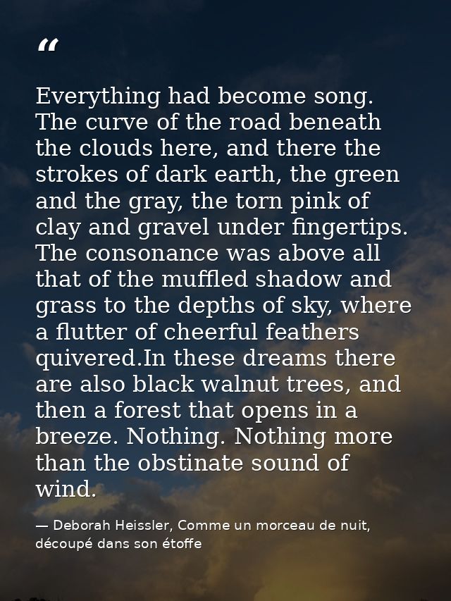 Everything had become song. The curve of the road beneath the clouds here, and there the strokes of dark earth, the gree — Deborah Heissler, Comme un morceau de nuit, découpé dans son étoffe