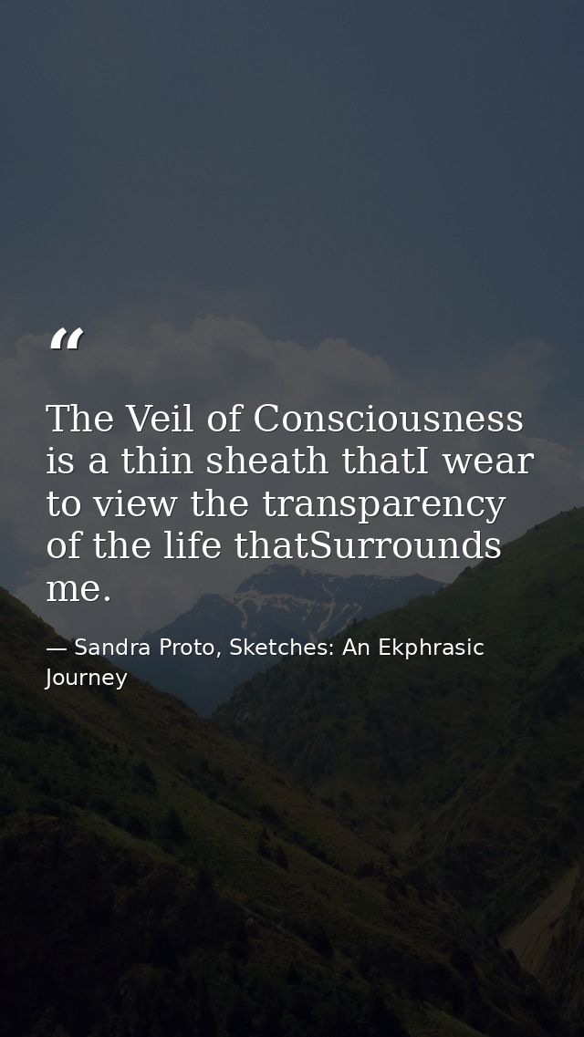 The Veil of Consciousness is a thin sheath thatI wear to view the transparency of the life thatSurrounds me. — Sandra Proto, Sketches: An Ekphrasic Journey